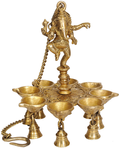 10" Dancing Ganesha Brass Hanging Lamp with Bells Handmade