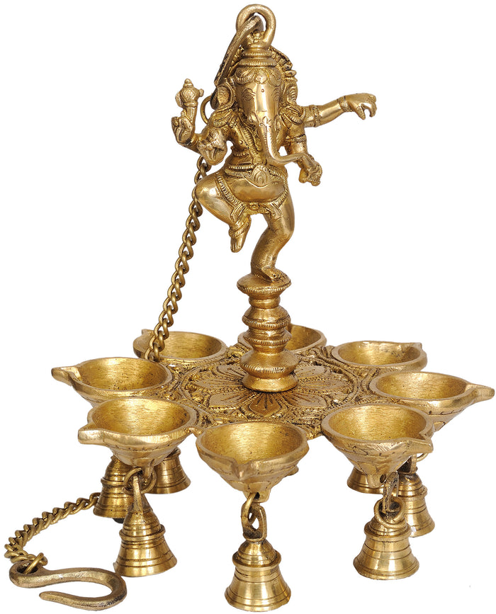 10" Dancing Ganesha Brass Hanging Lamp with Bells Handmade