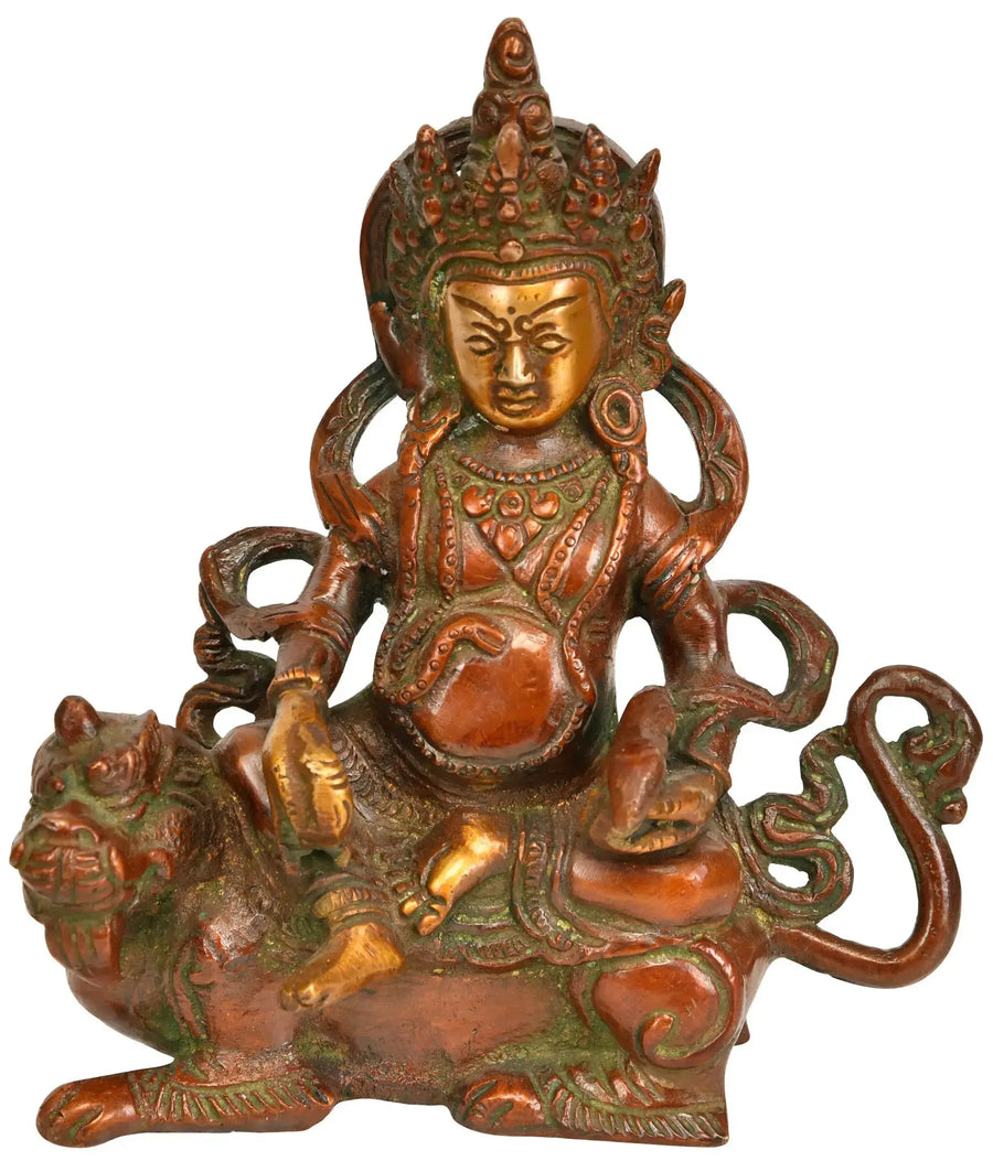 6" Brass Kubera Statue on Lion Handcrafted Idol