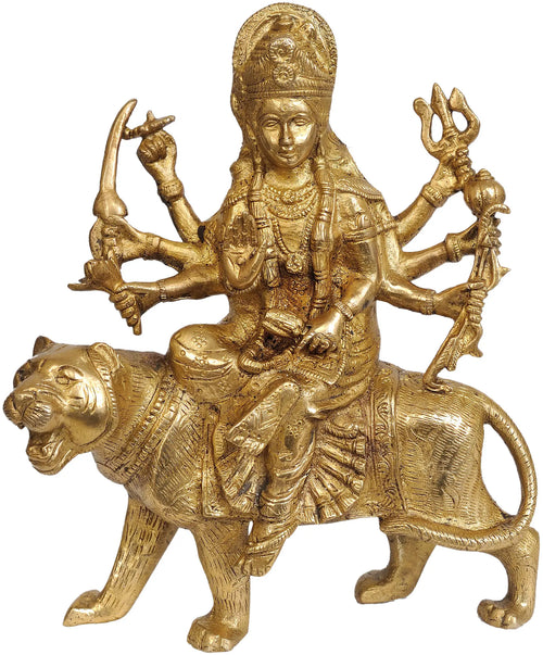 8" Sheran-wali Mata Brass Statue - Handmade Durga Idol