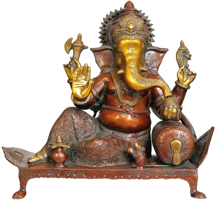 16" Handmade Lord Ganesha Seated on Chowki Brass Statue