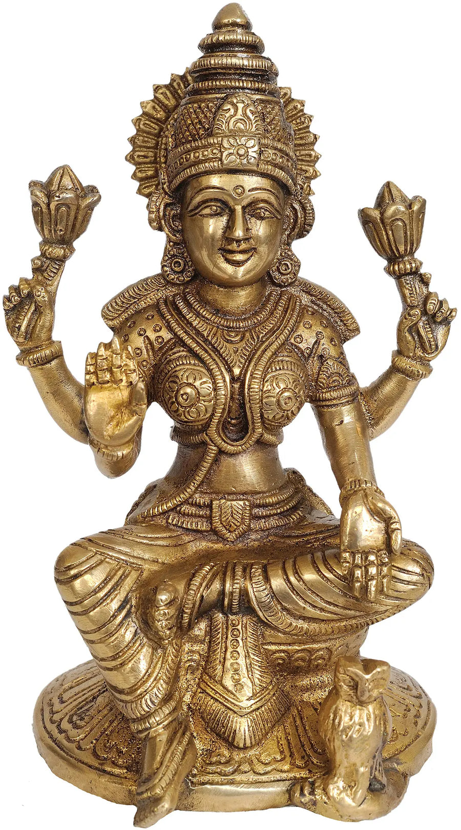 6" Brass Goddess Lakshmi with Owl Statue Handmade