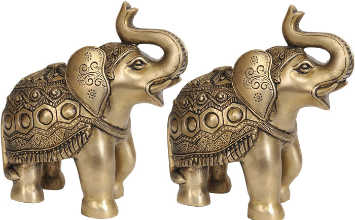 Brass Elephant Pair Statue with Upraised Trunks