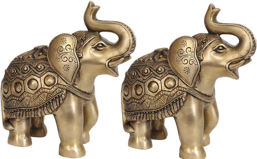 Brass Elephant Pair Statue with Upraised Trunks