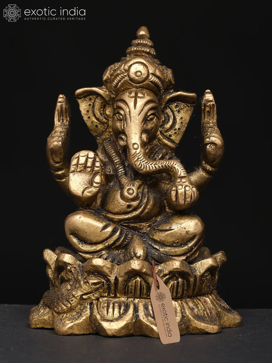 3" Handmade Kamalasana Ganesha Brass Statue