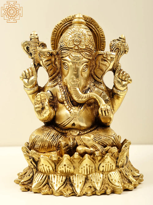 5" Lord Ganesha Seated on Lotus Brass Idol for Pooja