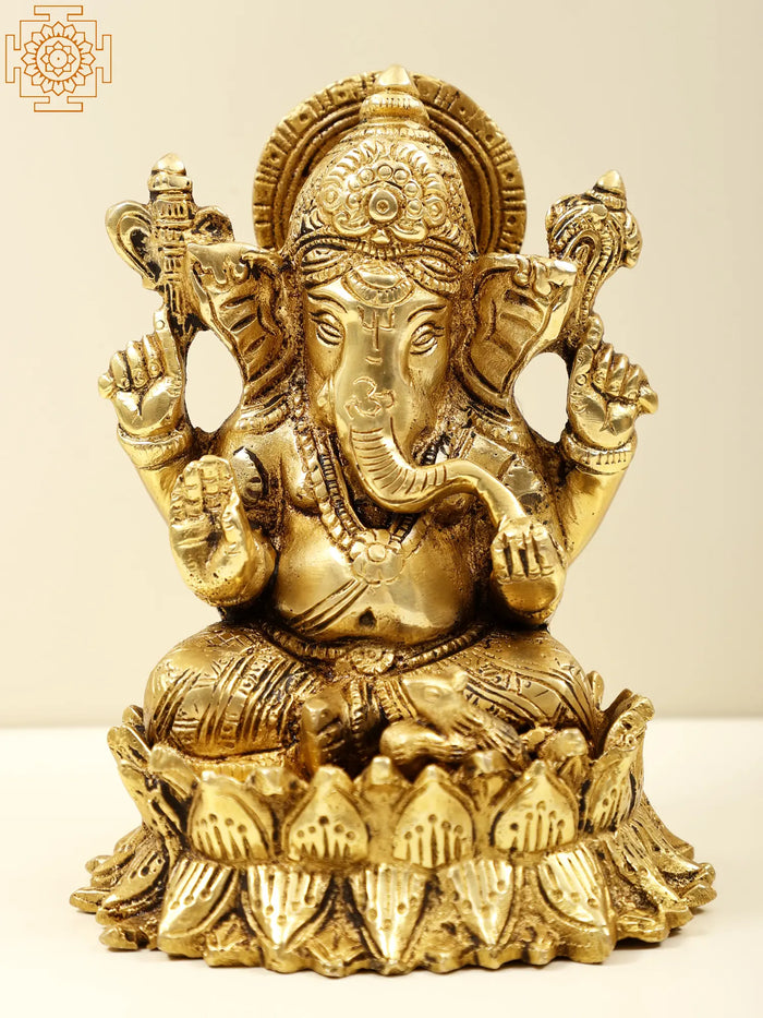 5" Small Lord Ganesha Seated on Lotus In Brass