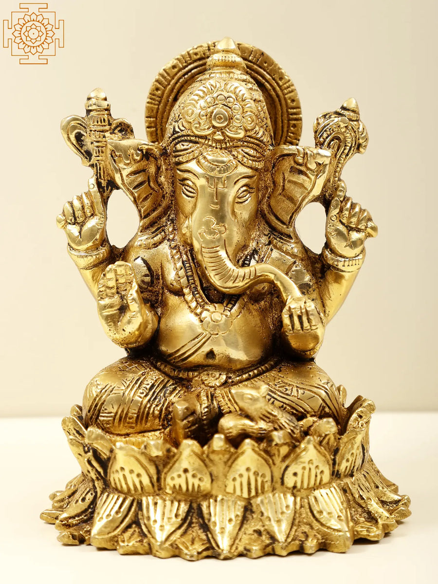 5" Lord Ganesha Seated on Lotus Brass Idol for Pooja