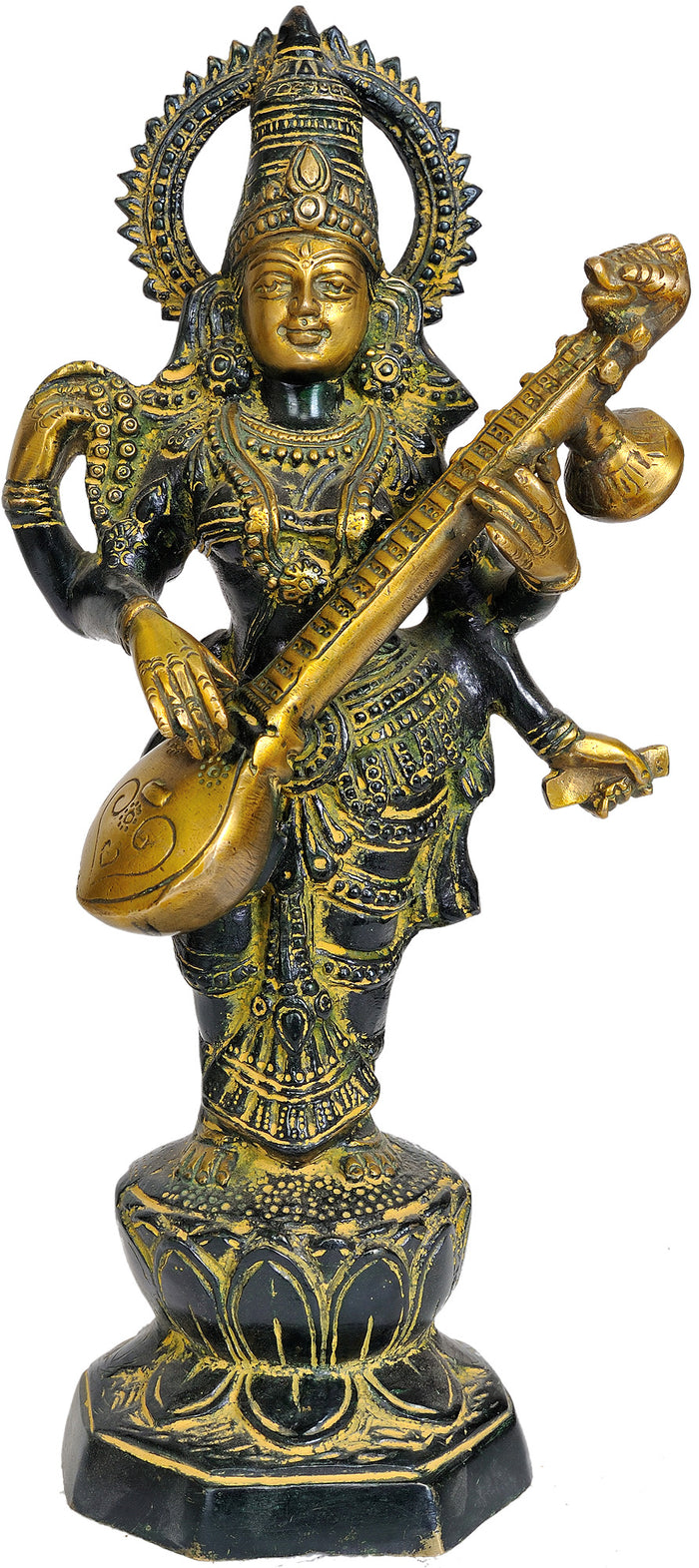13" Standing Saraswati Playing Veena Brass Statue Handmade