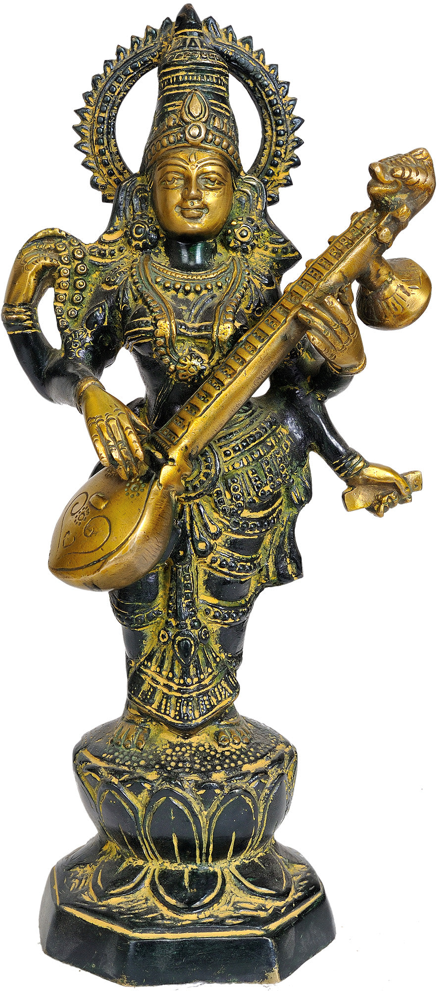 13" Standing Saraswati Playing Veena Brass Statue Handmade