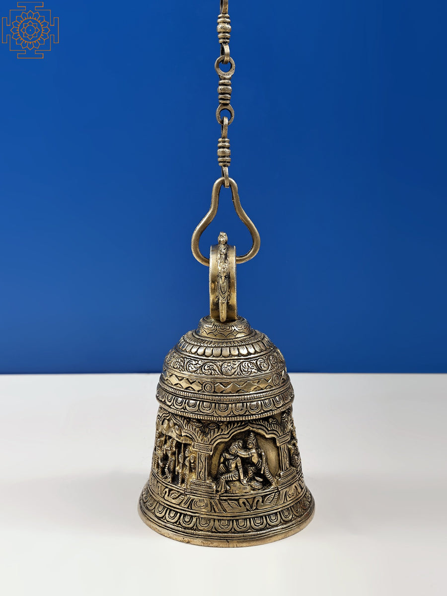 7" Handmade Brass Krishna Lila Temple Hanging Bell