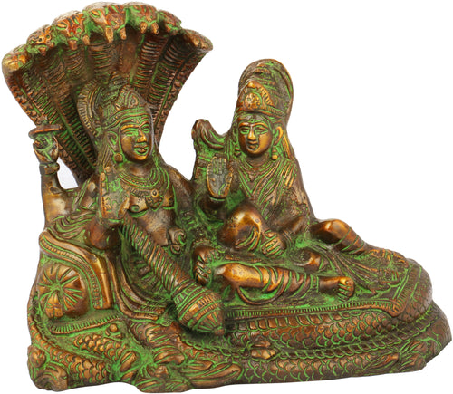 6" Vishnu and Lakshmi Seated on Sheshnag Brass Statue Handmade