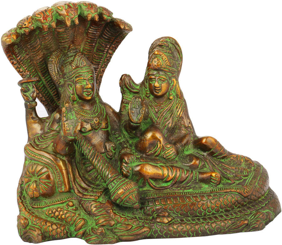 6" Vishnu and Lakshmi Seated on Sheshnag Brass Statue Handmade