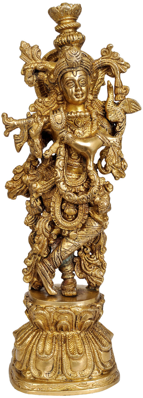 13" Sri Krishna Playing Flute Brass Statue Handmade