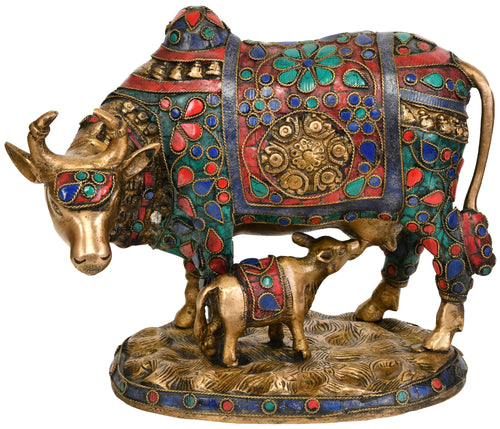 8" Mother Cow Feeding Calf Handmade Brass Sculpture