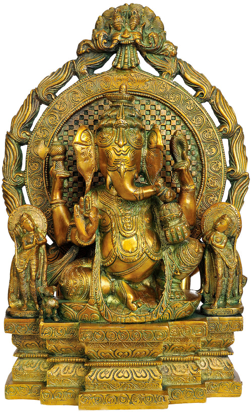 17" Ganesha Seated in Maharaja Lila Asana Brass Statue Handmade