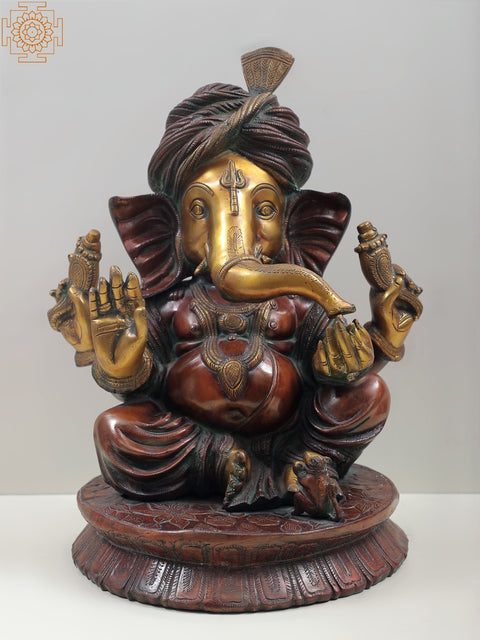 20" Large Size Ganesha with Turban and Trident Mark on Forehead In Brass | Handmade | Made In India