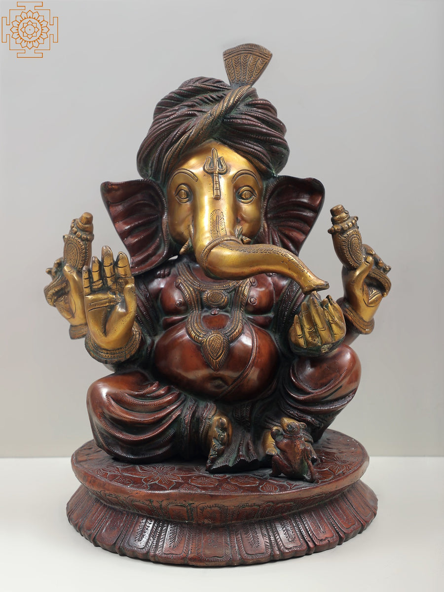20" Large Handmade Brass Ganesha Statue with Turban and Trident Mark