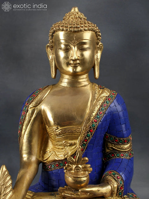 14" Tibetan Buddhist Deity-  Lapis Buddha of Healing (Medicine Buddha) In Brass | Handmade | Made In India