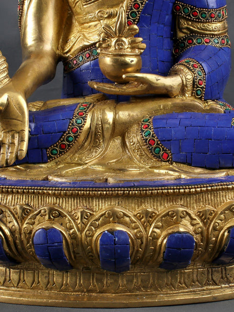 14" Tibetan Buddhist Deity-  Lapis Buddha of Healing (Medicine Buddha) In Brass | Handmade | Made In India