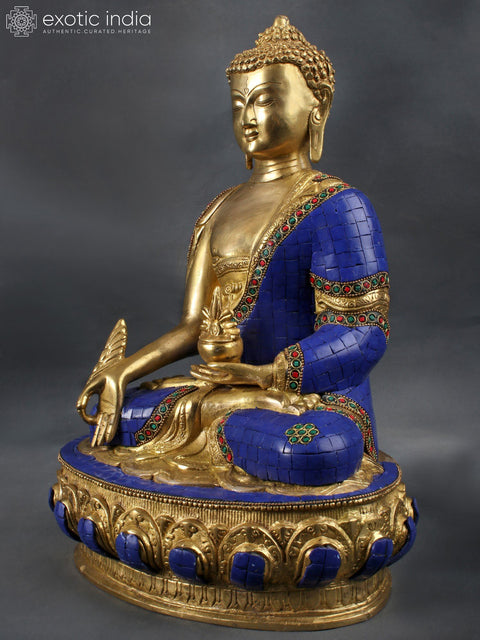 14" Tibetan Buddhist Deity-  Lapis Buddha of Healing (Medicine Buddha) In Brass | Handmade | Made In India