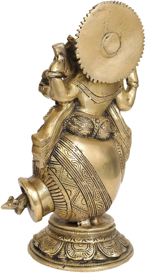 9" Ganesha with Mouse Peeking Out of Pot | Handmade Brass Statue | Made in India