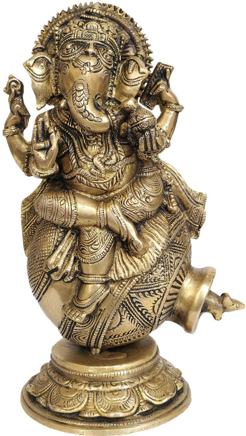 9" Ganesha with Mouse Peeking Out of Pot | Handmade Brass Statue | Made in India