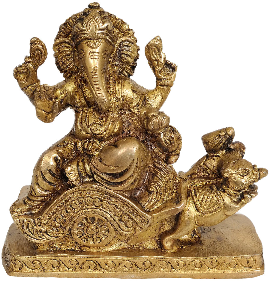 4" Handmade Lord Ganesha Brass Idol on Mouse Chariot
