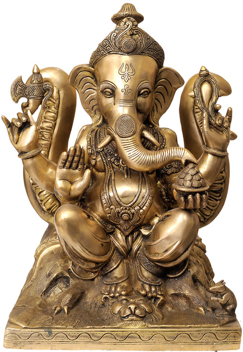 19" Lord Ganesha Brass Statue with Trident Backdrop Handmade