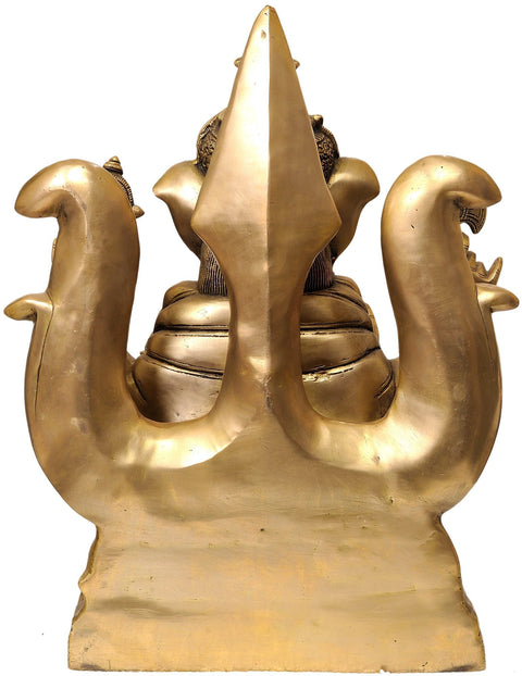 19" Large Size Lord Ganesha Seated Against the Backdrop of Trident In Brass | Handmade | Made In India