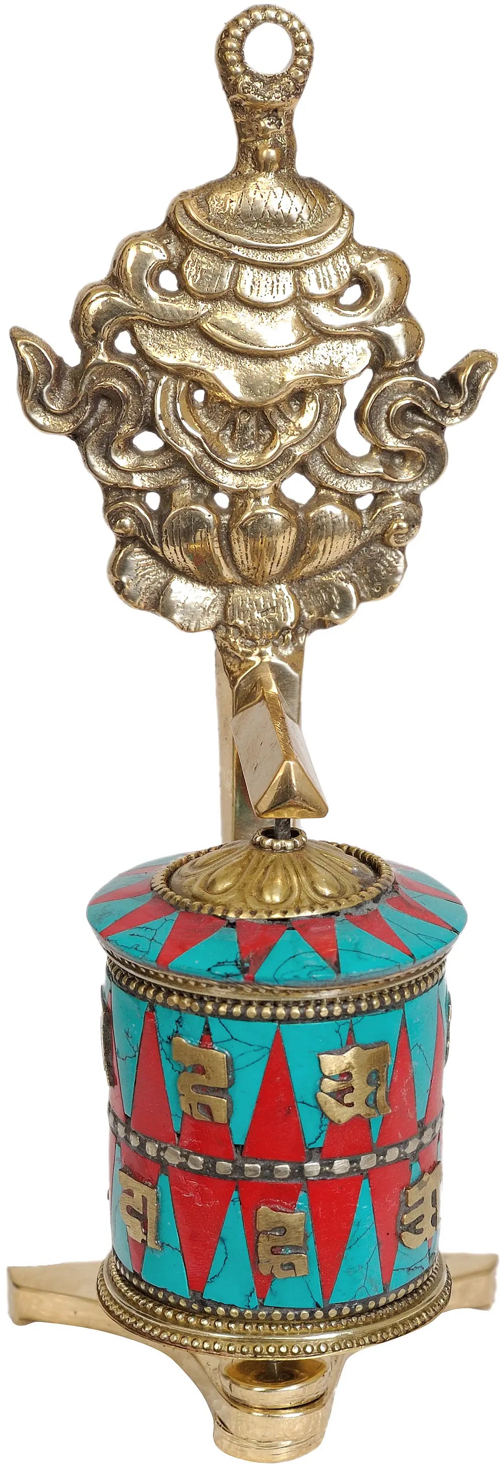 Tibetan Buddhist Prayer Wheel with Victory Banner (Ashtamangala)