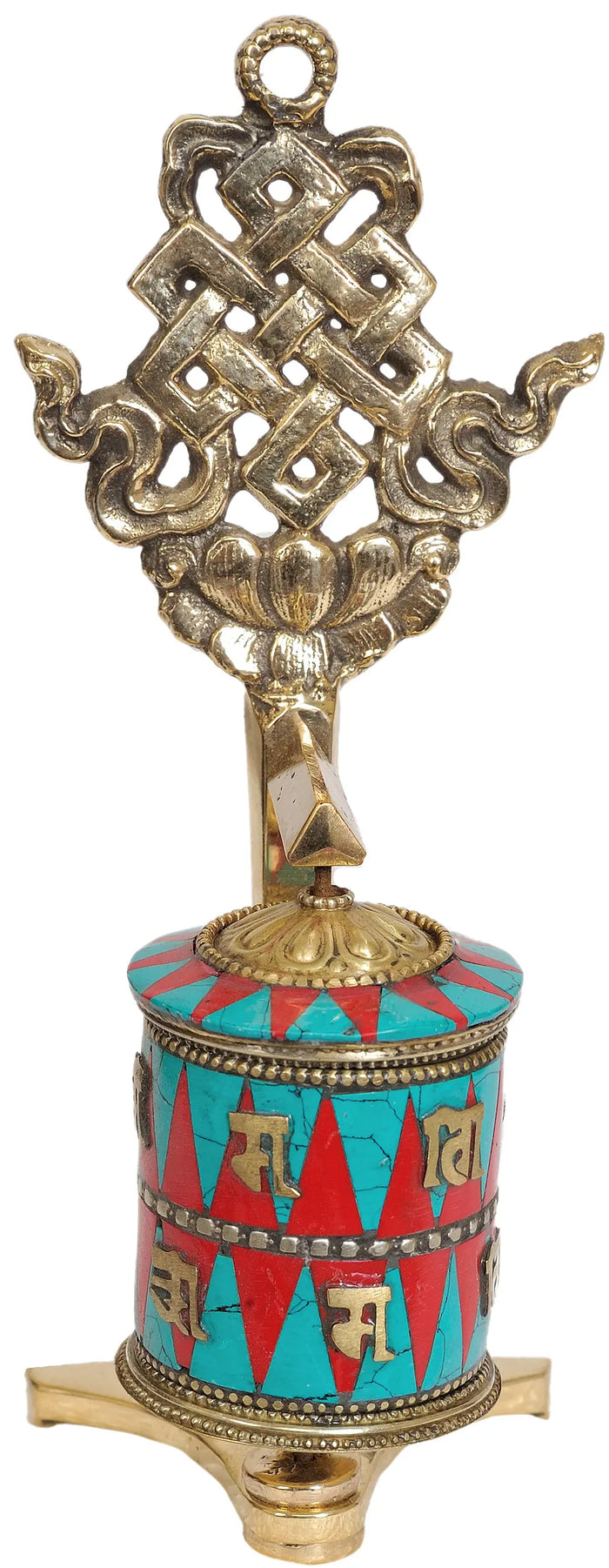 7" Tibetan Buddhist Prayer Wheel with Eternity Knot (Ashtamangala) in Brass