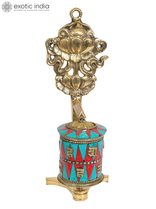7" Handmade Brass Tibetan Prayer Wheel with Lotus Ashtamangala