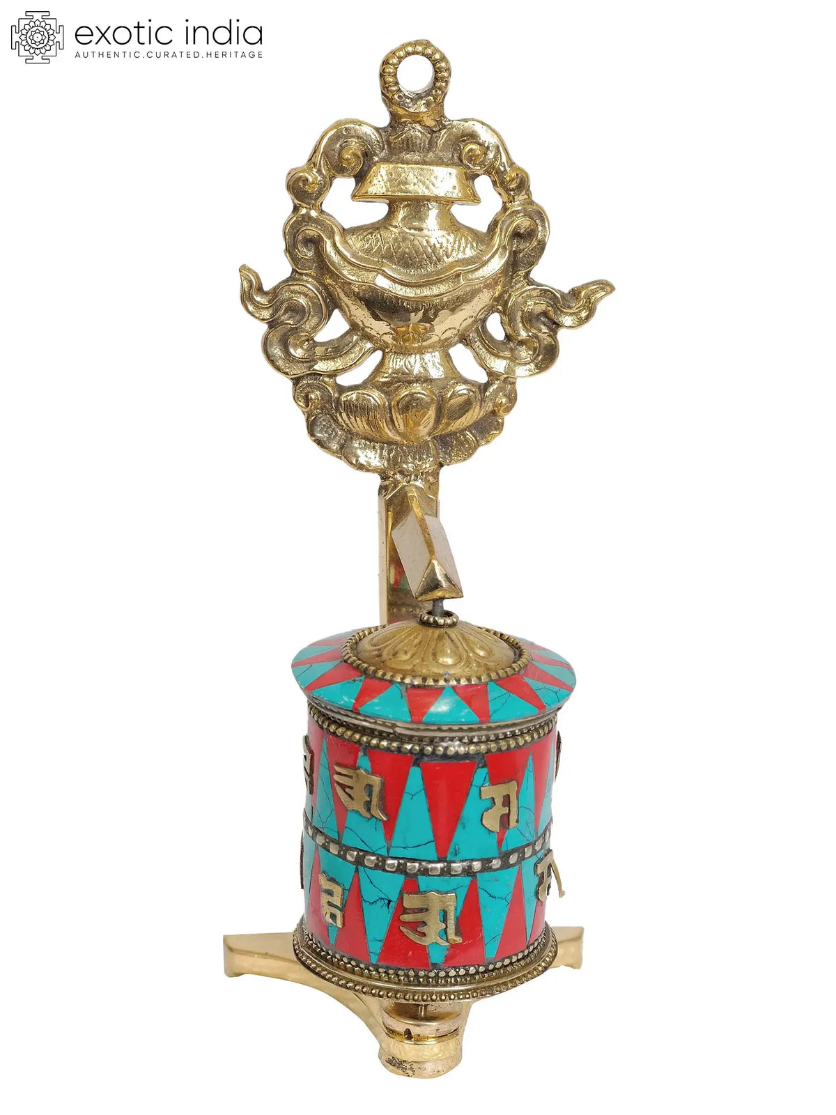 7" Tibetan Buddhist Prayer Wheel with Vase (Ashtamangala) in Brass | Handmade | Made in India