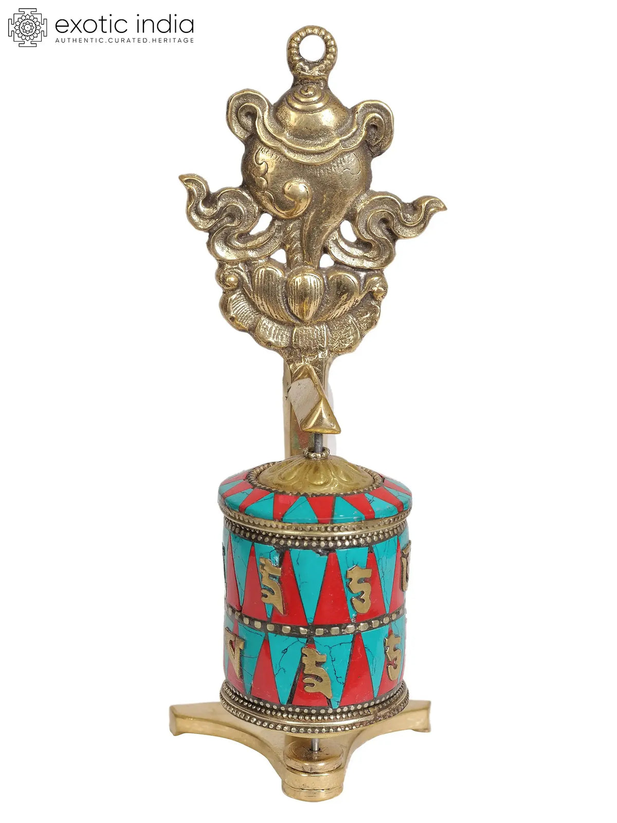 7" Tibetan Buddhist Prayer Wheel with Conch (Ashtamangala) in Brass | Handmade | Made in India