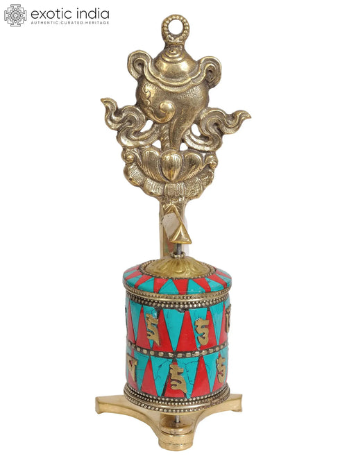 7" Brass Tibetan Buddhist Prayer Wheel Ashtamangala Handmade Statue