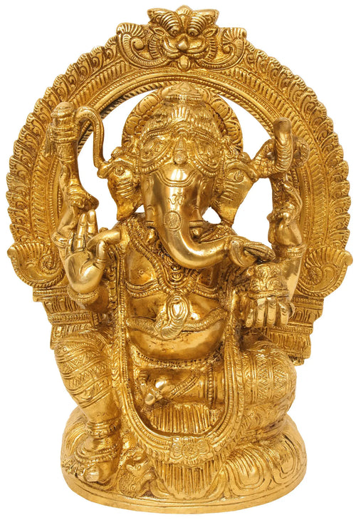 9" Handmade Brass Ganesha Enthroned Idol for Pooja