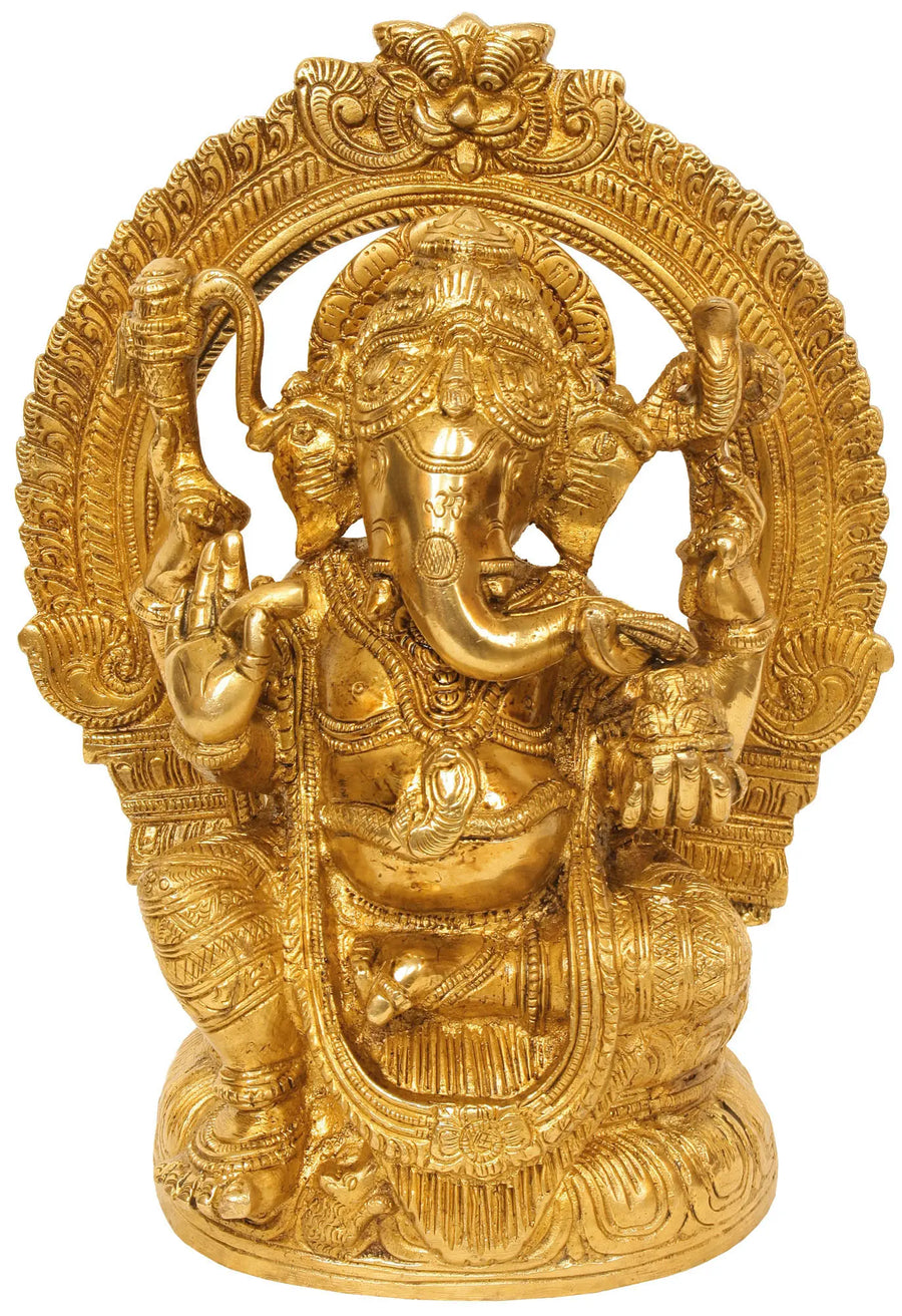 9" Handmade Brass Ganesha Enthroned Idol for Pooja