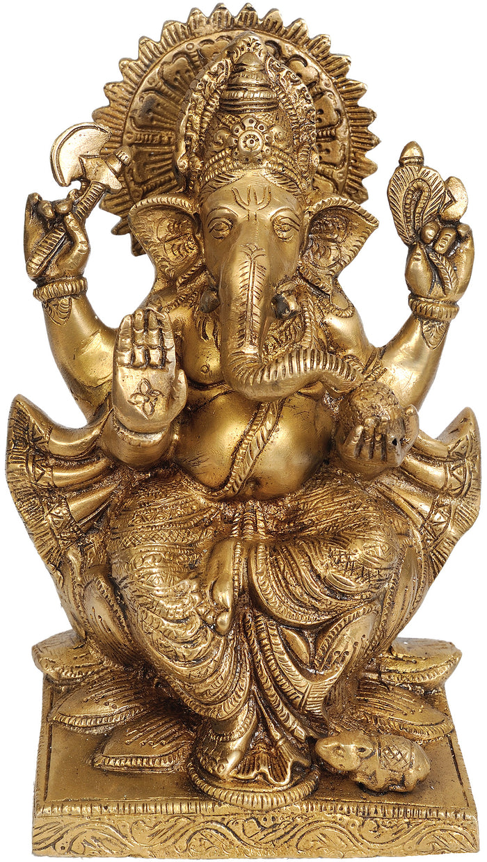 8" Lord Ganesha Seated in Lalitasana Brass Idol Handmade