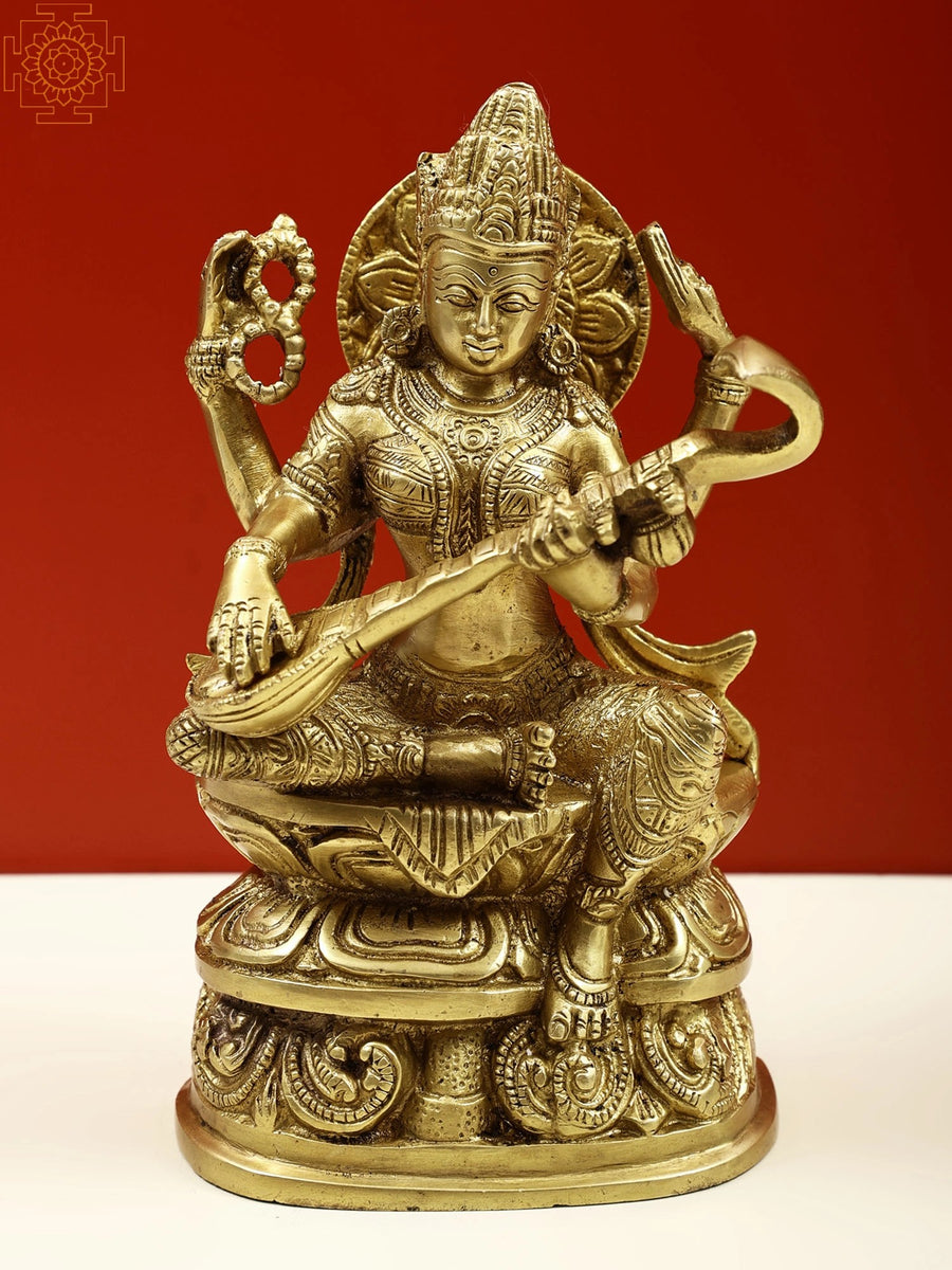 8" Devi Saraswati Brass Idol for Hindu Pooja Home Decor