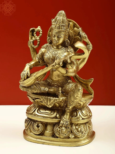 8" Devi Saraswati Idol | Hindu Goddess Brass Statue