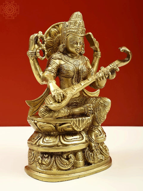 8" Devi Saraswati Idol | Hindu Goddess Brass Statue