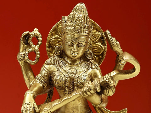 8" Devi Saraswati Idol | Hindu Goddess Brass Statue