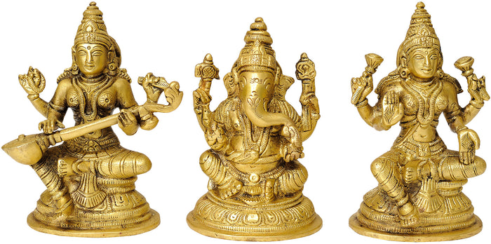 5" Saraswati Ganesha Lakshmi Trinity Brass Statue Handmade