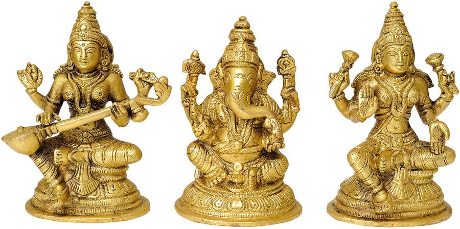 5" Saraswati Ganesha Lakshmi Trinity Brass Statue Handmade