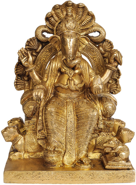 9" Lord Ganesha Seated on Throne Made by Lions and Serpents | Handmade Brass Statue | Made in India