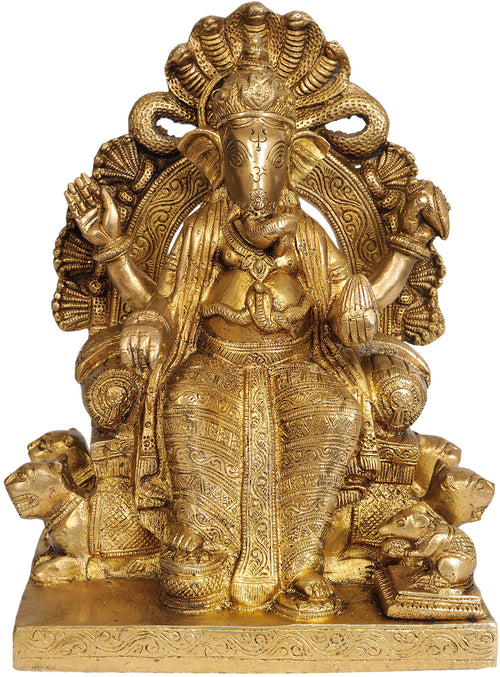 9" Lord Ganesha Seated on Throne Brass Statue Handmade