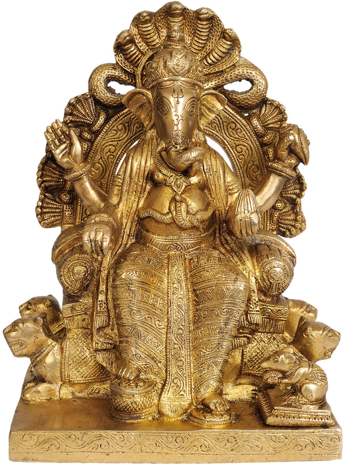 9" Lord Ganesha Seated on Throne Brass Statue Handmade