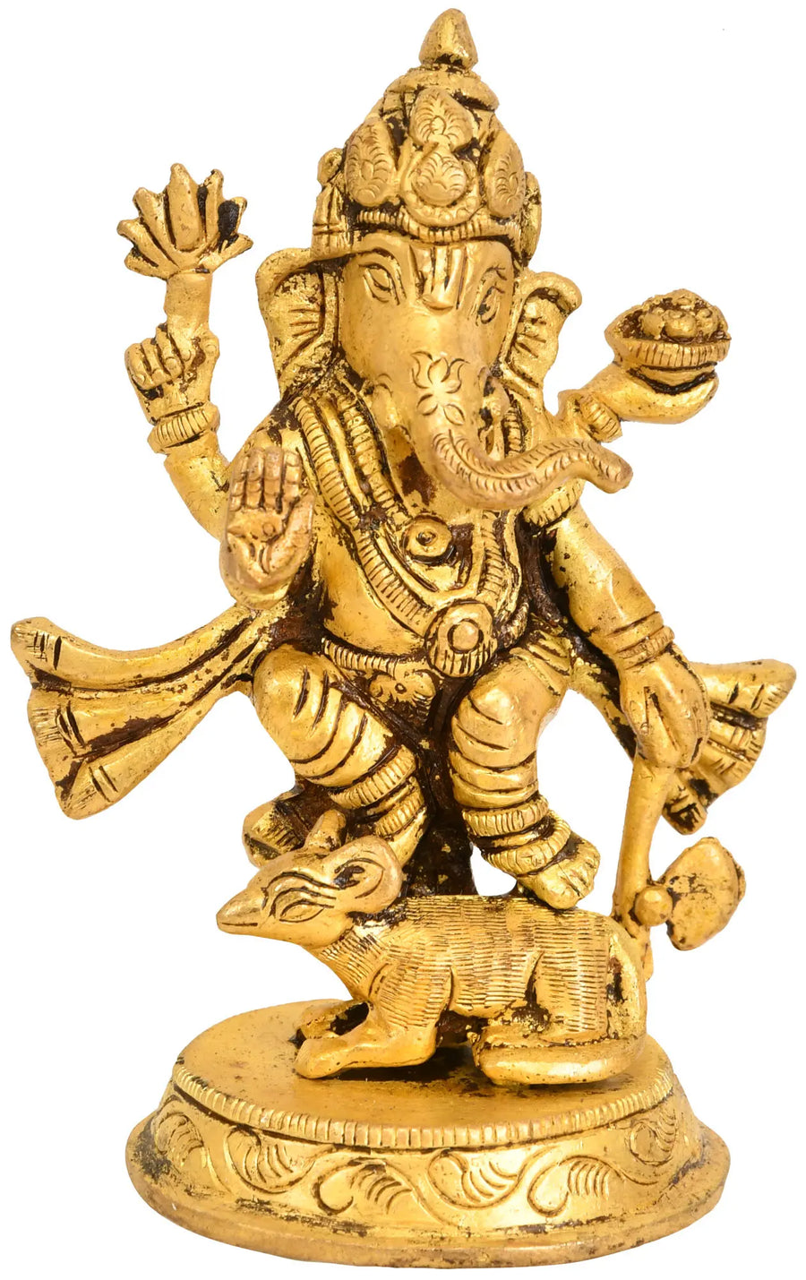 4" Brass Lord Ganesha Standing on Rat Statue Handmade