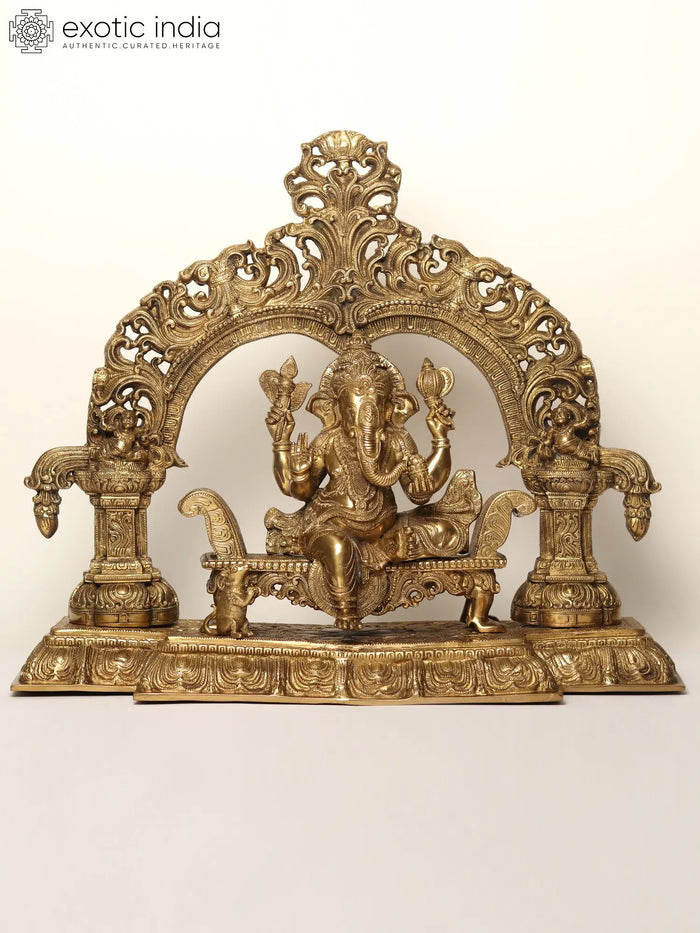 22" Enthroned Ganesha Brass Statue Handmade